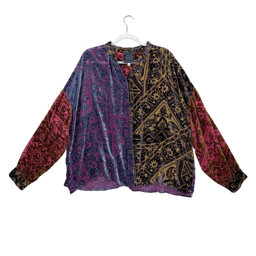 Johnny Was Silk Velvet Blouse Womens Large Multi Patchwork Boho Top L11721-5
